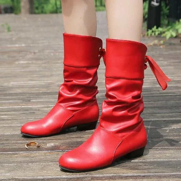 low-heel round toe lace-back thermal boots - Picture 2 of 5